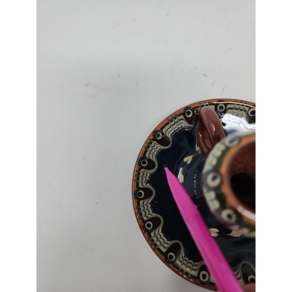 Vintage Bulgarian Redware Folk Art Handcrafted Troyan Ceramic Candle Holder Blue - Picture 9 of 10